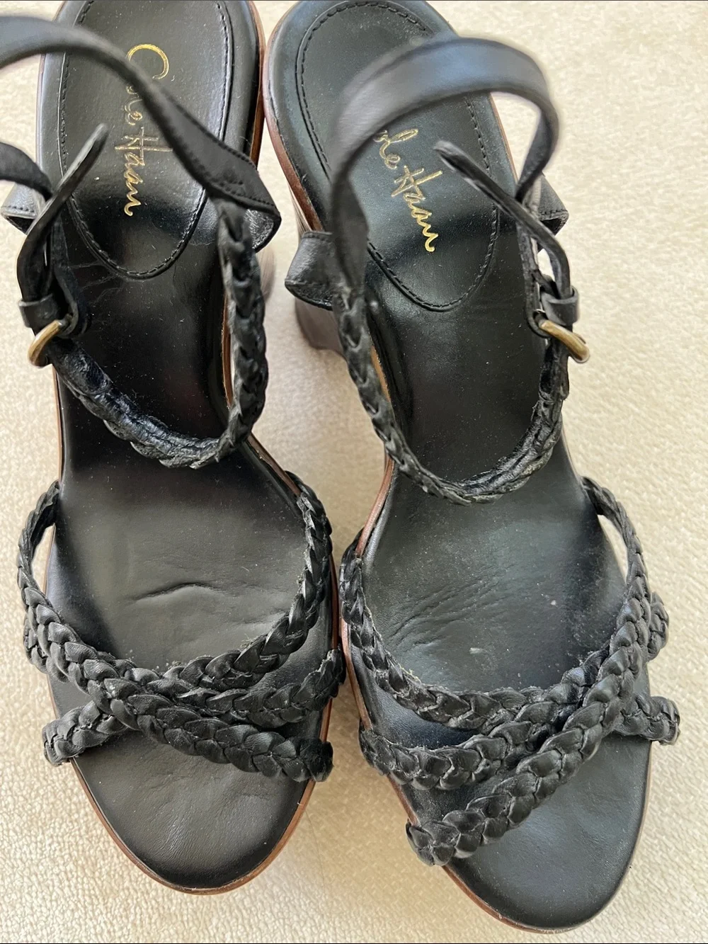 Cole Haan Black Braided Leather Wedge Sandals with Brown Wood-Effect Platform